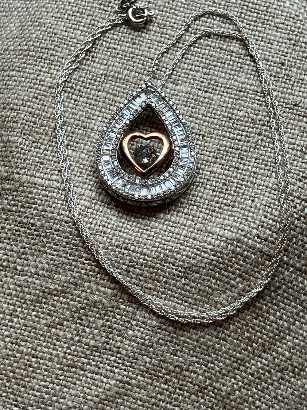 .925 SilverTeardrop Pendant Necklace with Rose Gold Heart and Clear Crystals